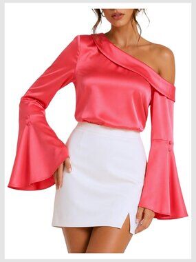 Banana Republic One Shoulder Bell Sleeve Blouse Coral Size S